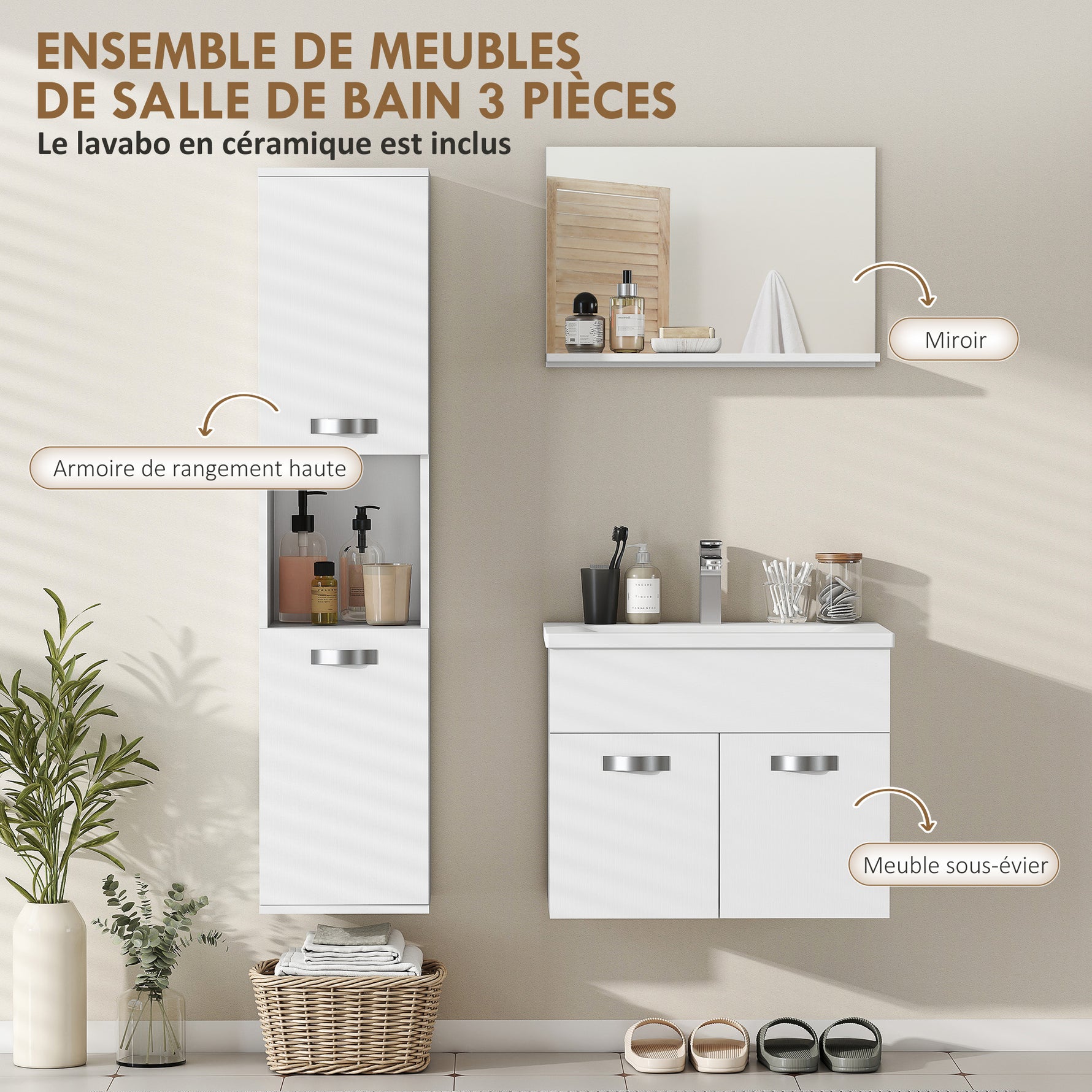 Ensemble de Meubles de Salle de Bain 4 Pièces, Mural, avec Miroir, Meuble sous Vasque, Lavabo et Armoire Haute, Blanc