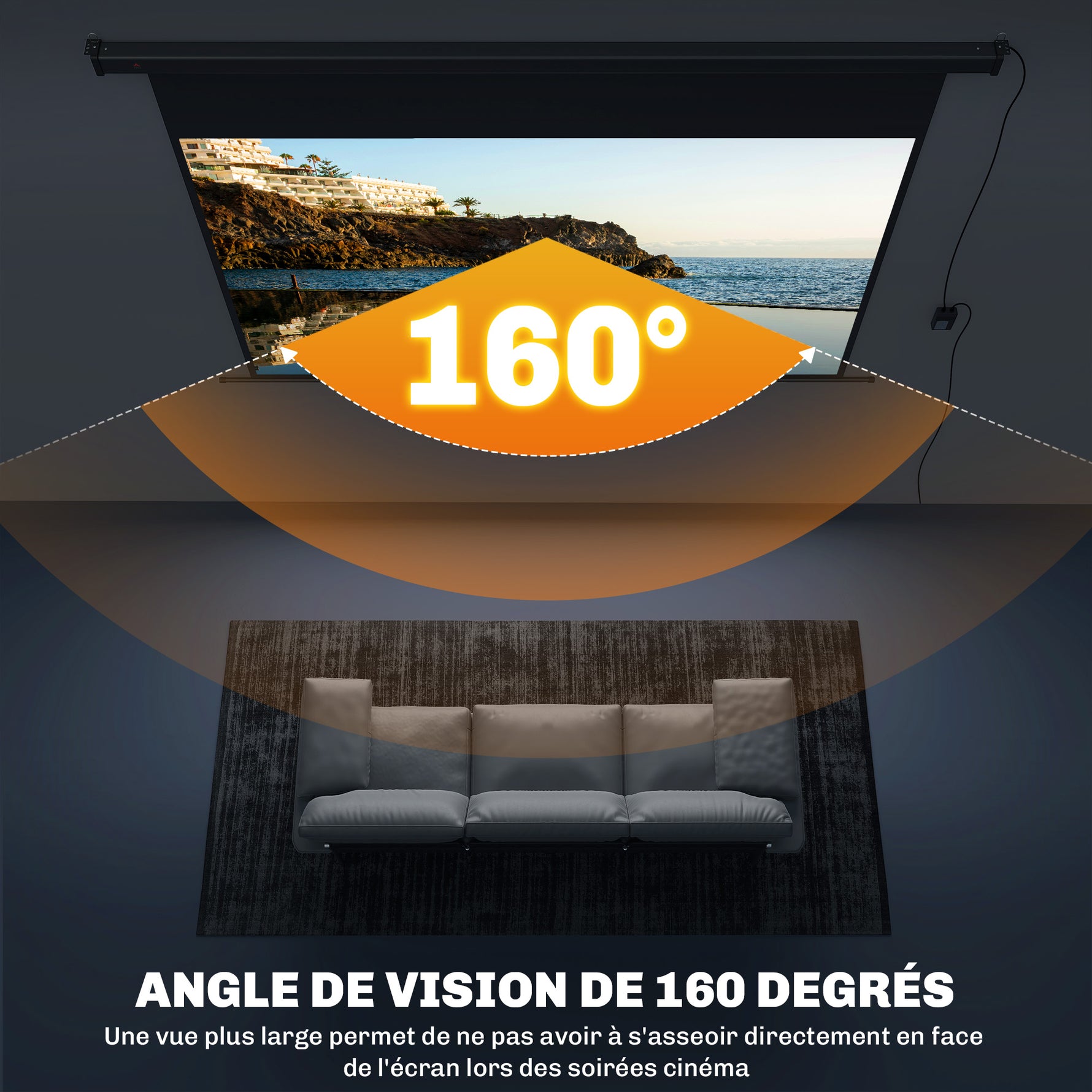 Écran vidéoprojecteur 100 Pouces, 16:9 4K HD montage mural ou plafond, panneau de commande et télécommande