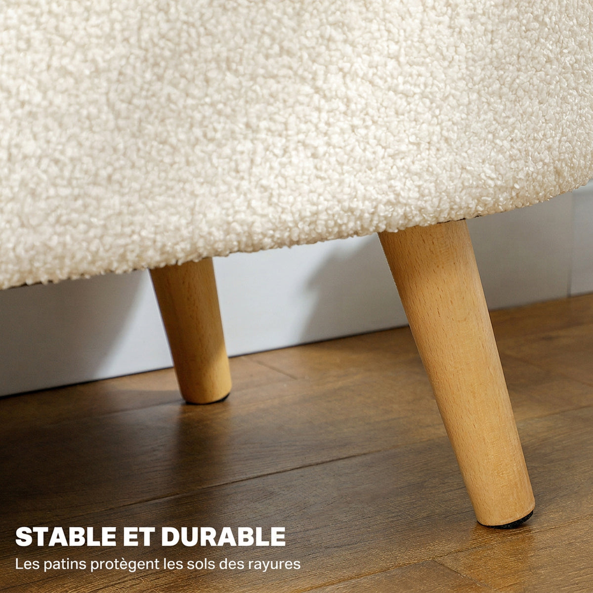 Banc de Rangement, Bout de Lit Rembourré en Peluche Teddy avec Couvercle et Pieds en Bois, 82 x 41 x 45 cm, Blanc