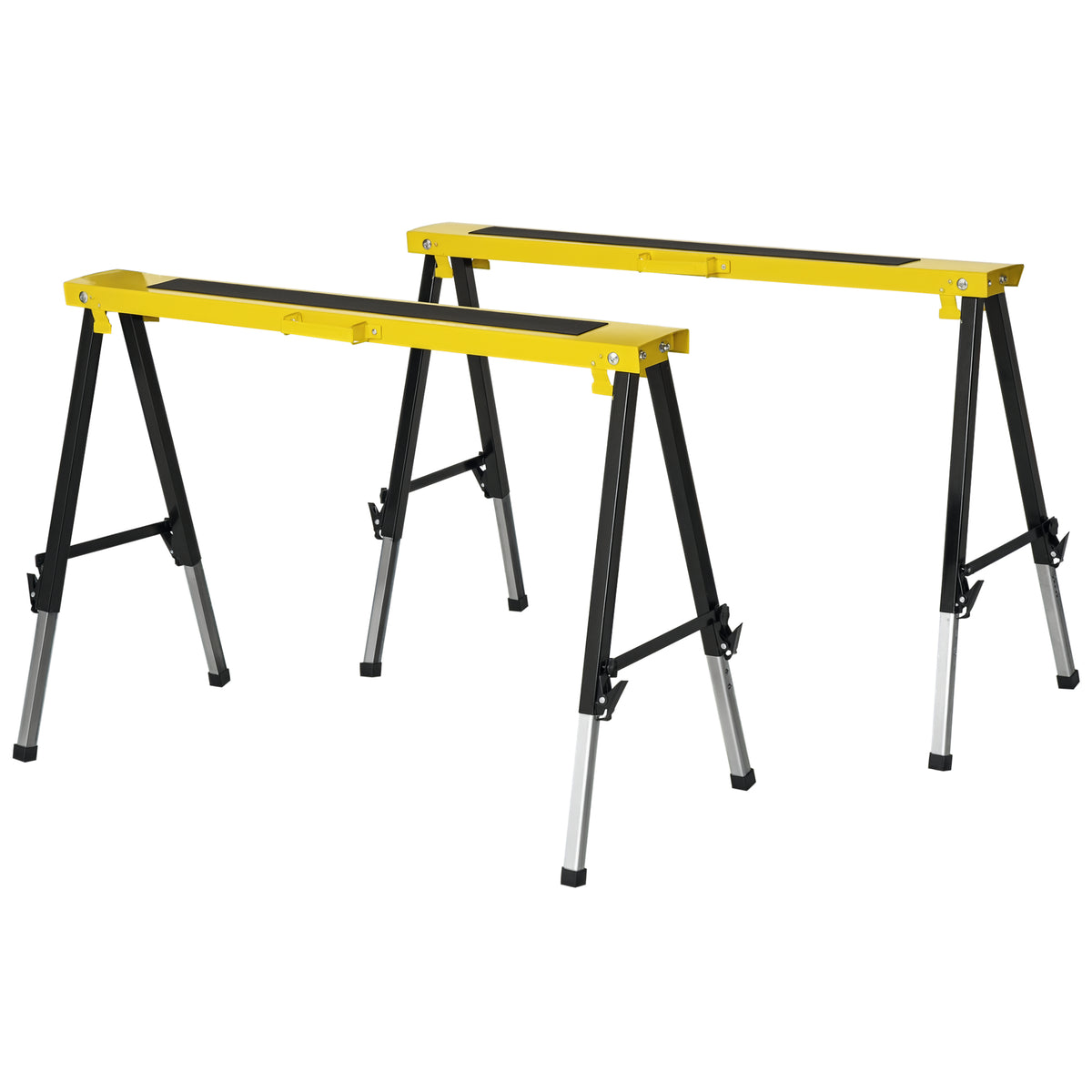 Lot de 2 Tréteaux Pliables Télescopiques Réglables en Hauteur, Poignée de Transport, Dim. 100L x 60l x 62-90H cm, Surface Antidérapante, Métal, Noir et Jaune