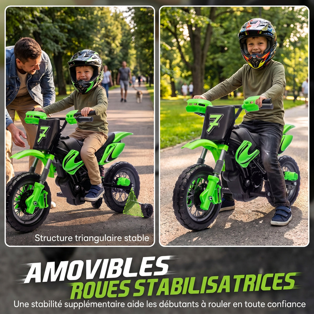 Elektro-Motorrad für Kinder 12 V, Höchstgeschwindigkeit 3 km/h, Lithium-Batterie, Doppelmotor, Hinterradfederung, Grün