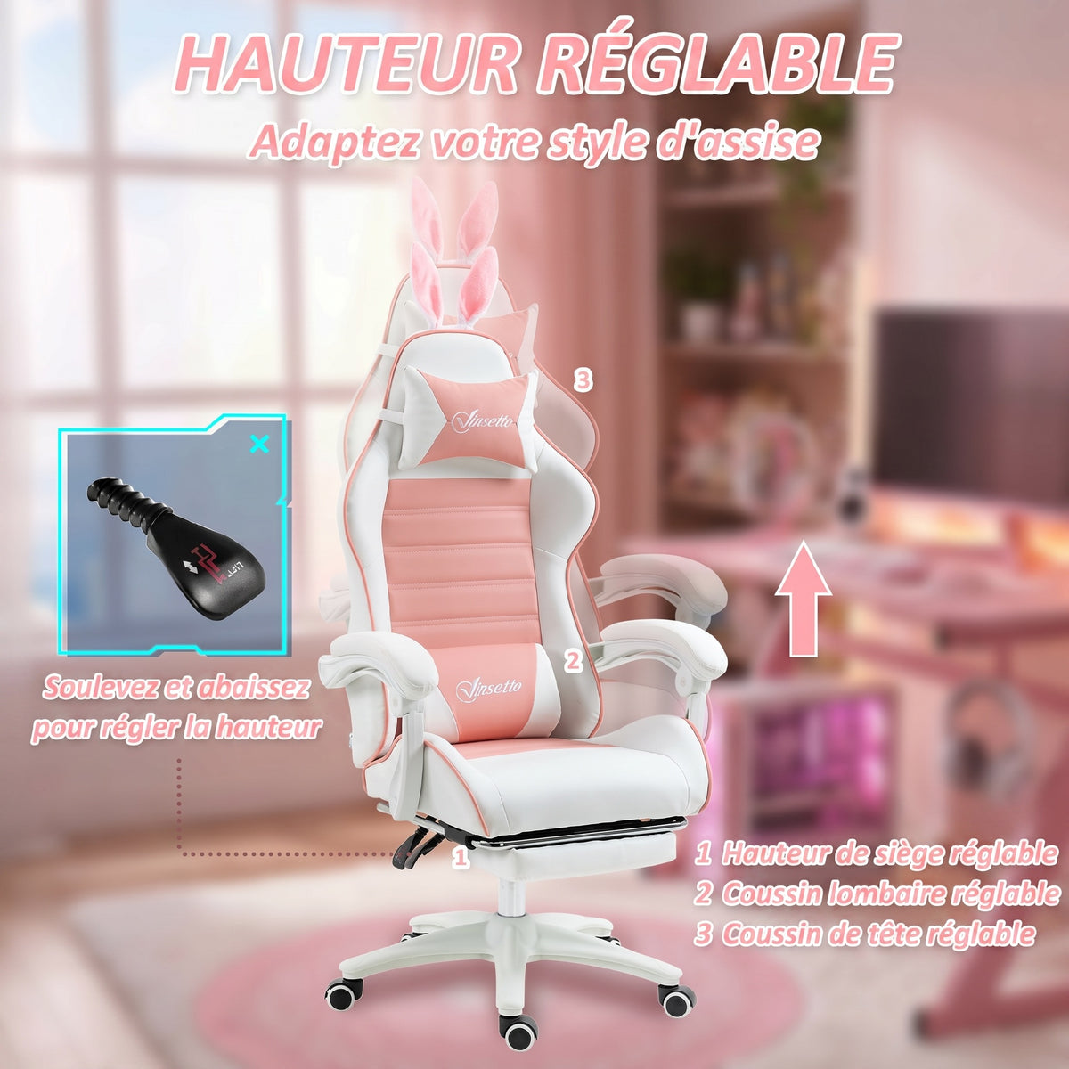 Silla gaming con soporte lumbar, altura ajustable, respaldo reclinable, orejas de conejo y reposacabezas, rosa