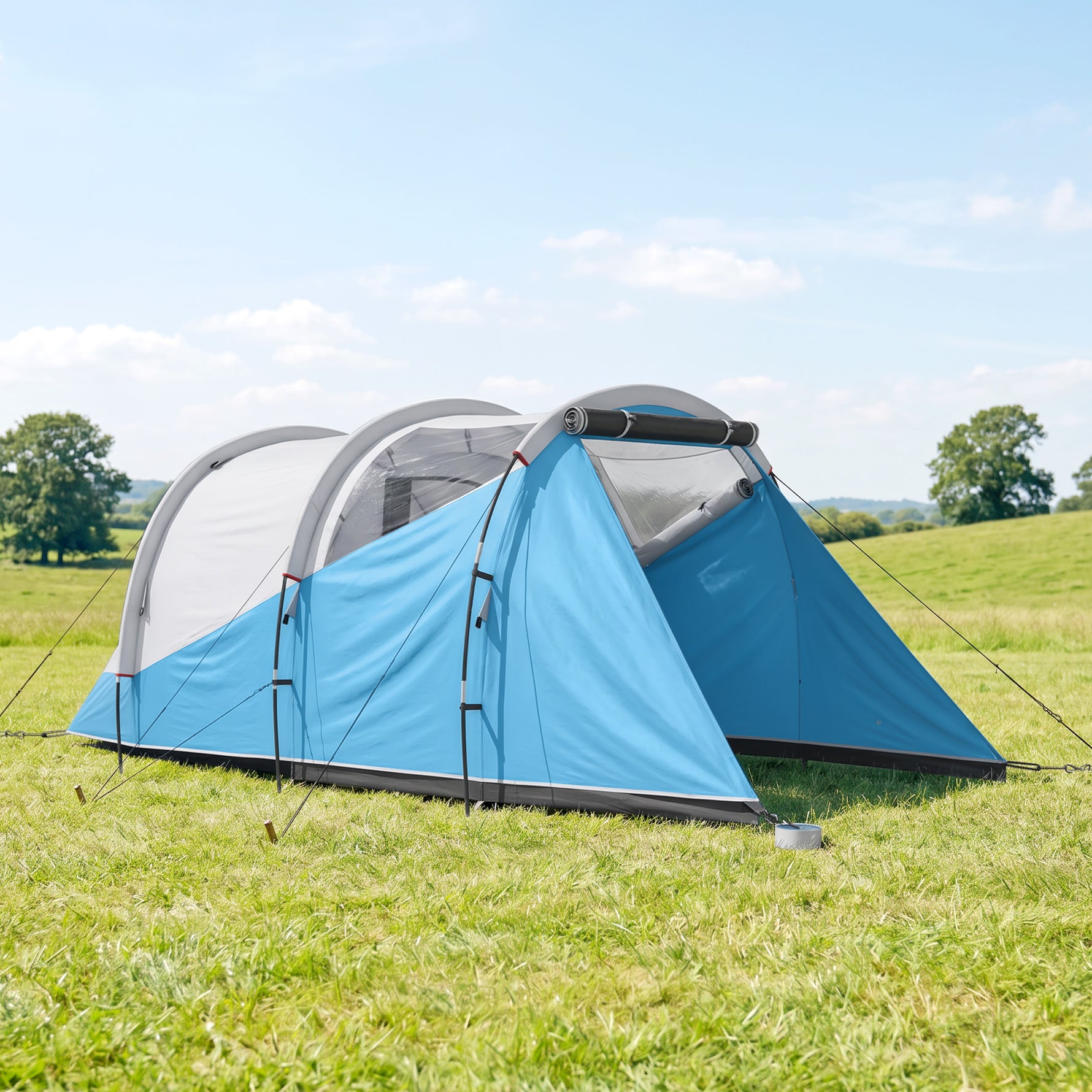 Tente de camping familiale 3 personnes, tente tunnel imperméable, 2 portes fenêtres, ventilée 4,6 x 2,6 x 1,9 m, bleu