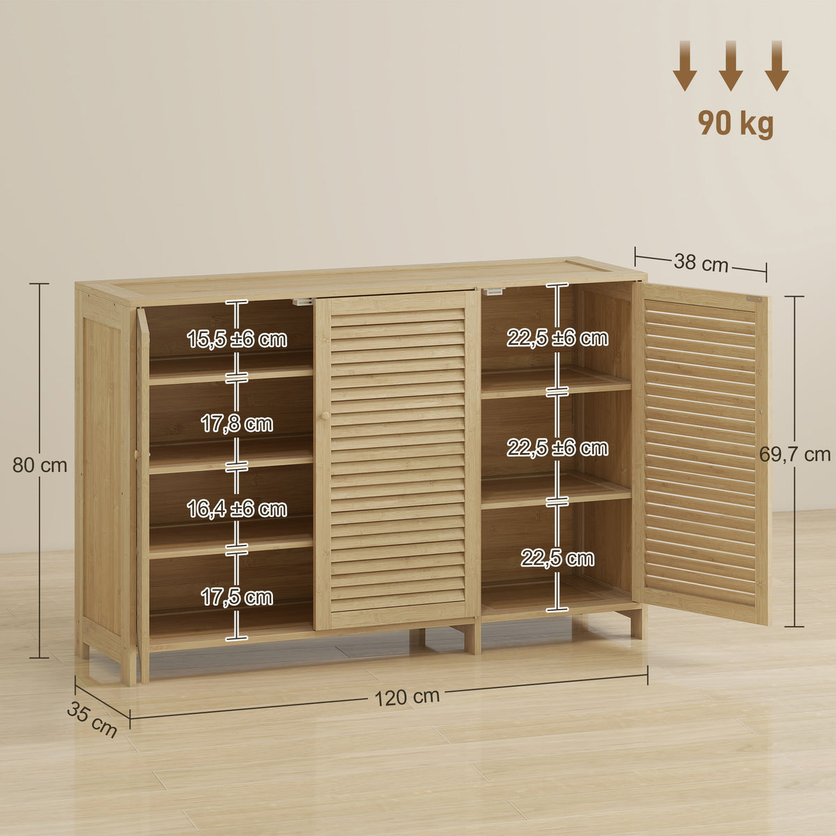 Meuble à chaussures en bambou 18 paires, armoire à chaussures avec portes persiennes et étagères réglables, bois naturel