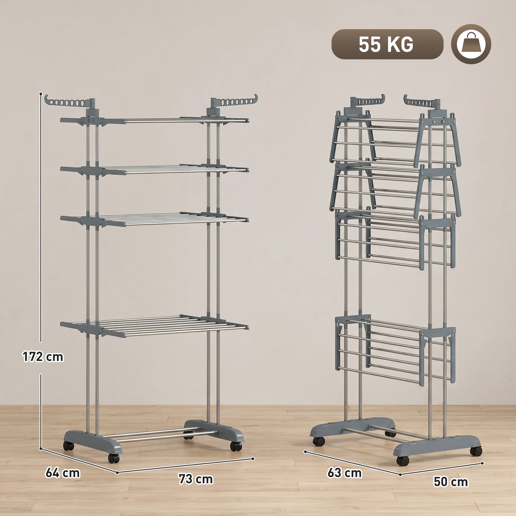 Séchoir à linge pliable 4 niveaux avec roulettes, étendoir linge intérieur avec ailes latérales, cadre en acier, gris