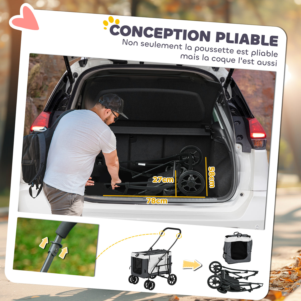 Cochecito plegable para mascotas perro gato capazo extraíble correas 4 ruedas 81 x 58 x 97,5 cm gris