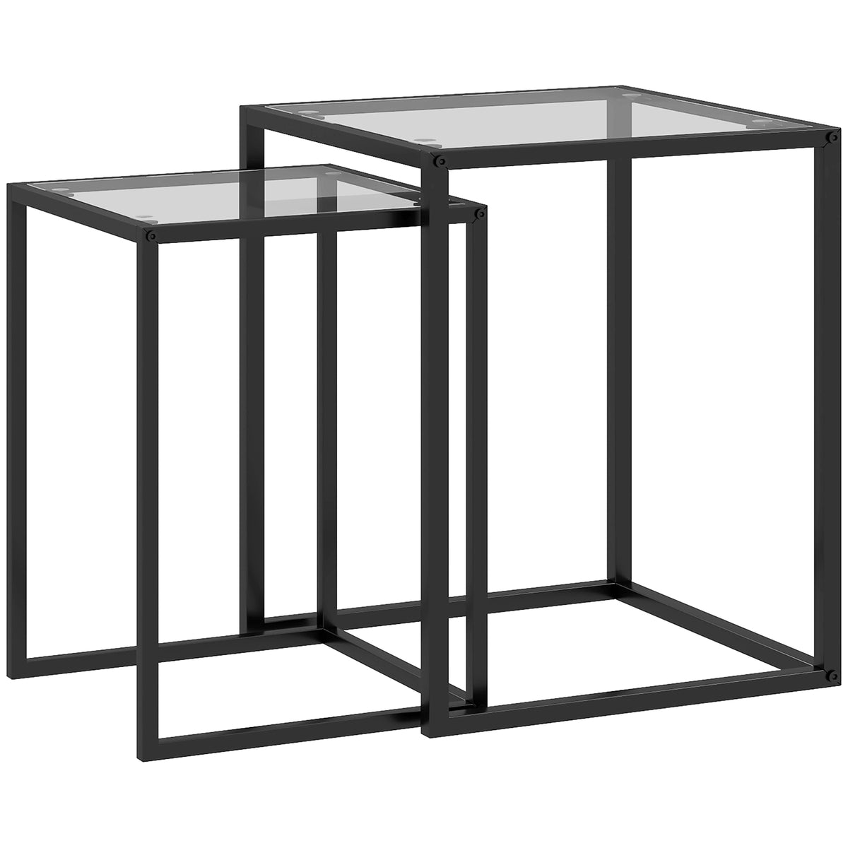 Lot de 2 tables basse gigogne, tables d'appoint empilable, plateau verre trempé cadre acier, patins antidérapants, noir