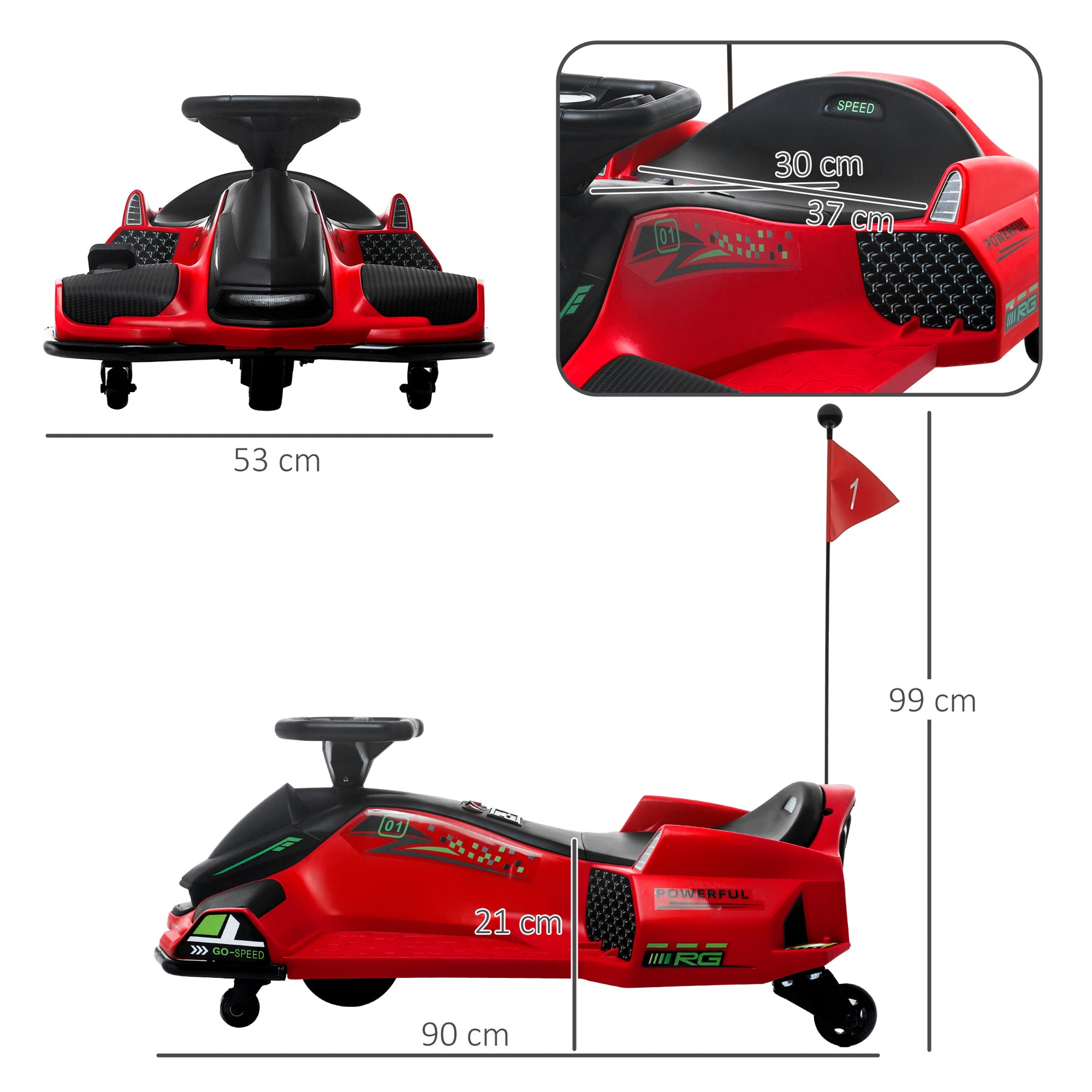 Kart électrique pour enfant 12V, karting enfant, vitesse réglable 3-8 km/h, mode de dérive, 90 x 53 x 99 cm, rouge