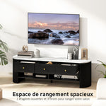 Meuble TV 140 cm, meuble télé pour téléviseur 65 pouces effet marbre avec 3 tiroirs façades à cannelures 2 étagères noir
