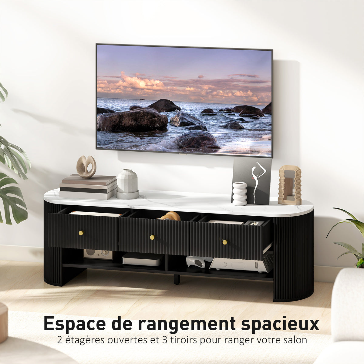 Meuble TV 140 cm, meuble télé pour téléviseur 65 pouces effet marbre avec 3 tiroirs façades à cannelures 2 étagères noir
