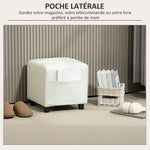 Repose pied salon, ottoman, siège rembourré capitonné en tissu aspect lin avec poche latérale, 35 x 35 x 35 cm, crème