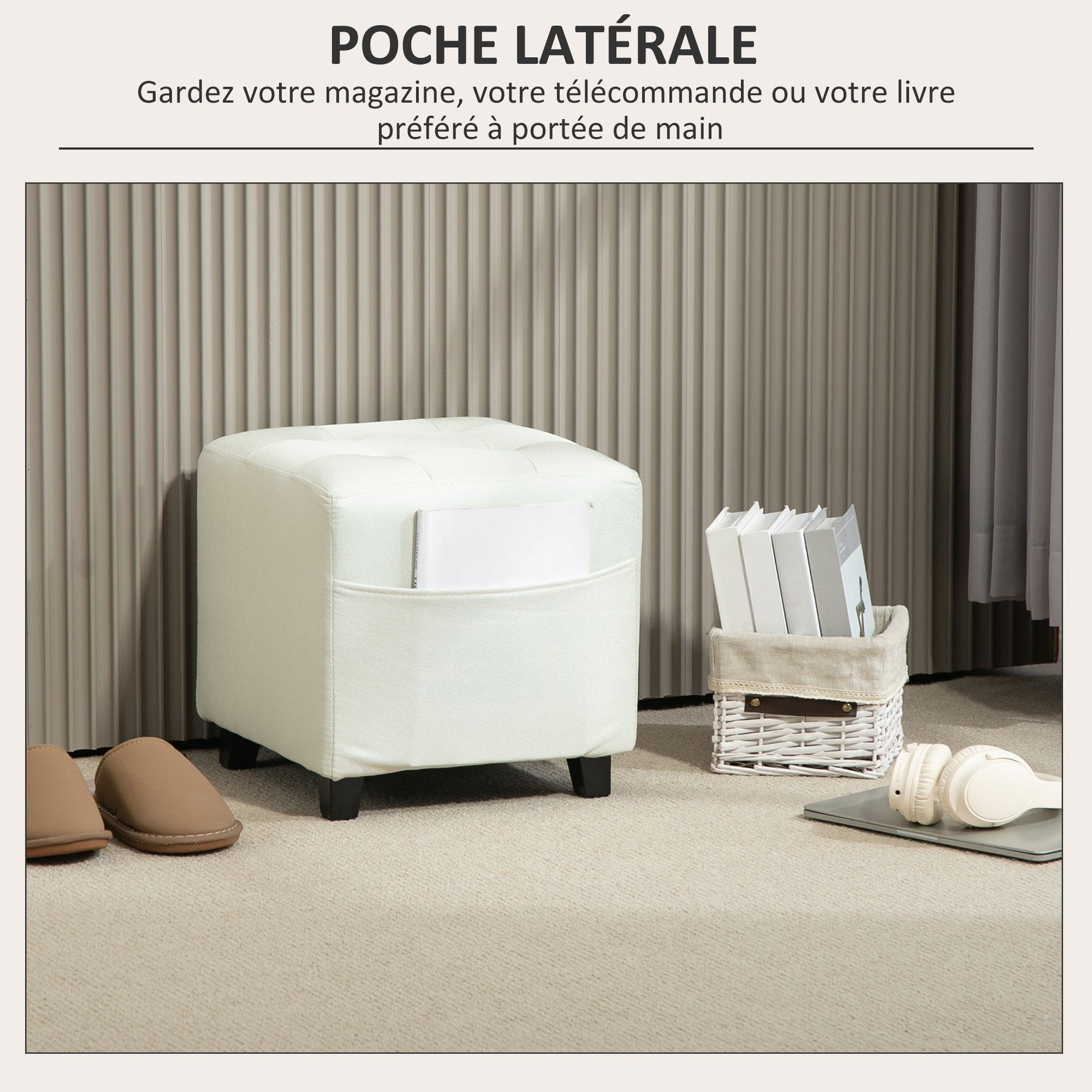 Repose pied salon, ottoman, siège rembourré capitonné en tissu aspect lin avec poche latérale, 35 x 35 x 35 cm, crème
