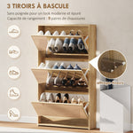 Meuble à chaussures 9 paires, armoire à chaussures étroite, 3 tiroirs rabattables portes miroirs, 65x17x114,5cm naturel
