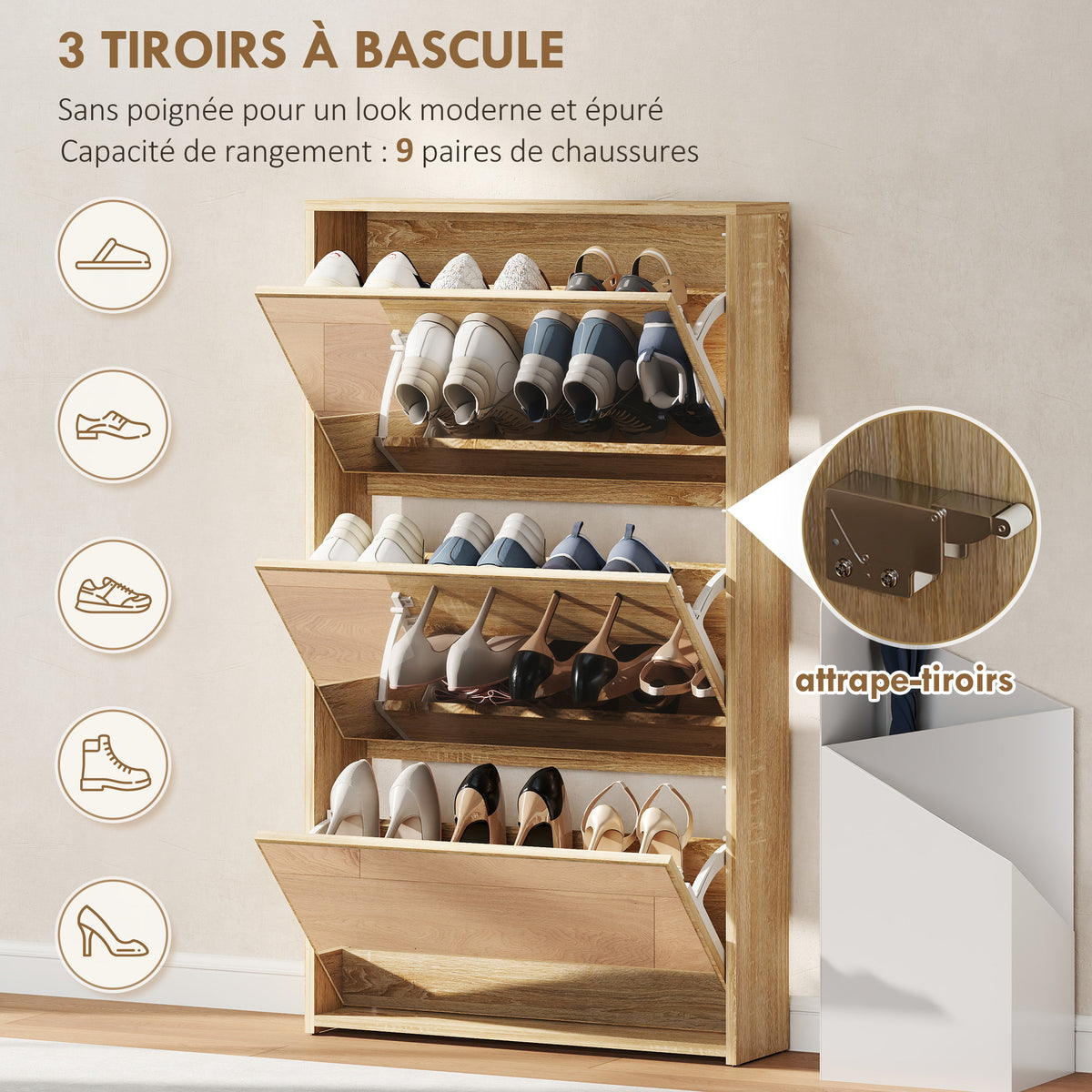 Meuble à chaussures 9 paires, armoire à chaussures étroite, 3 tiroirs rabattables portes miroirs, 65x17x114,5cm naturel