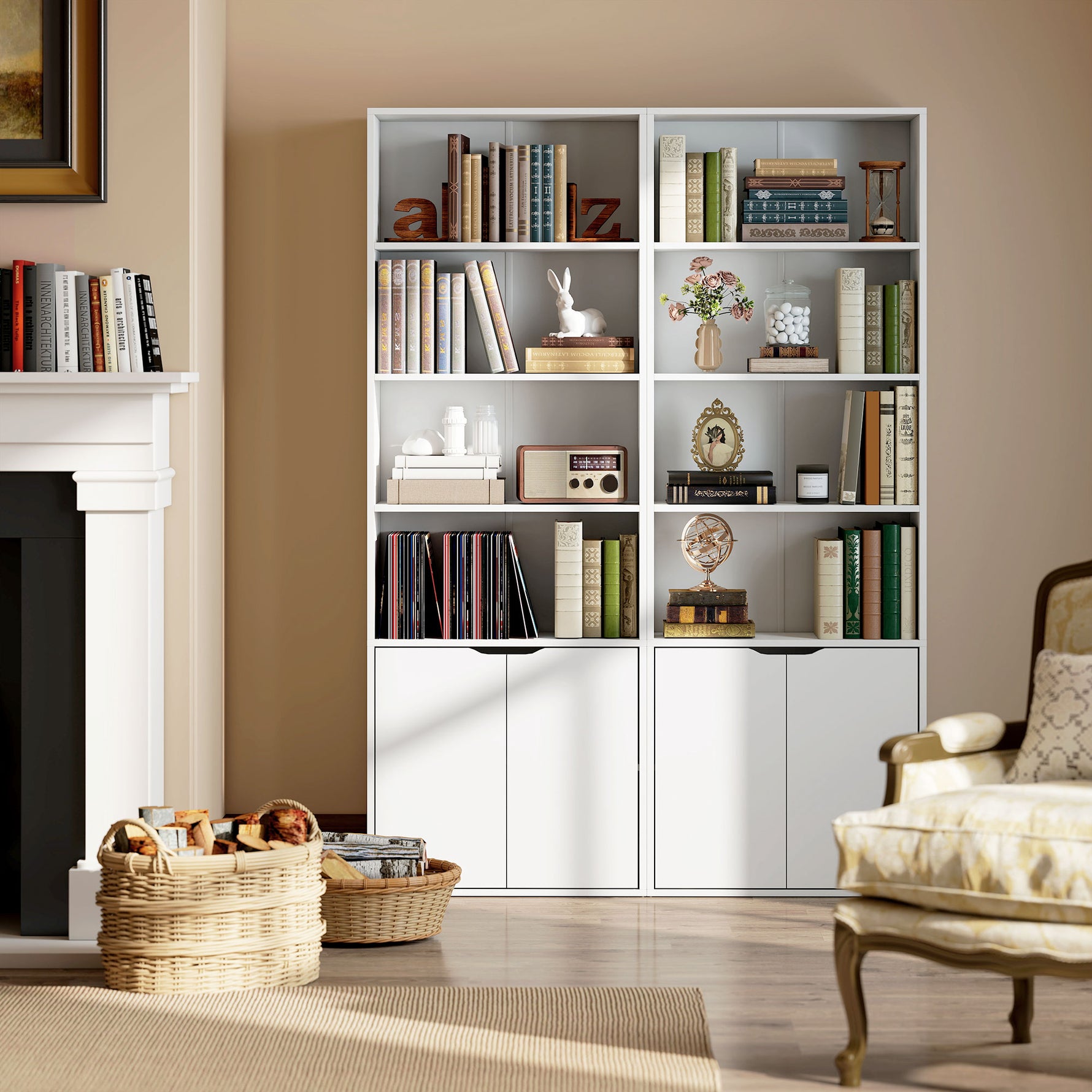 Bibliothèque Armoire à livres avec 4 compartiments ouverts et 2 portes pour le salon et le bureau 59x29x180 cm Blanc