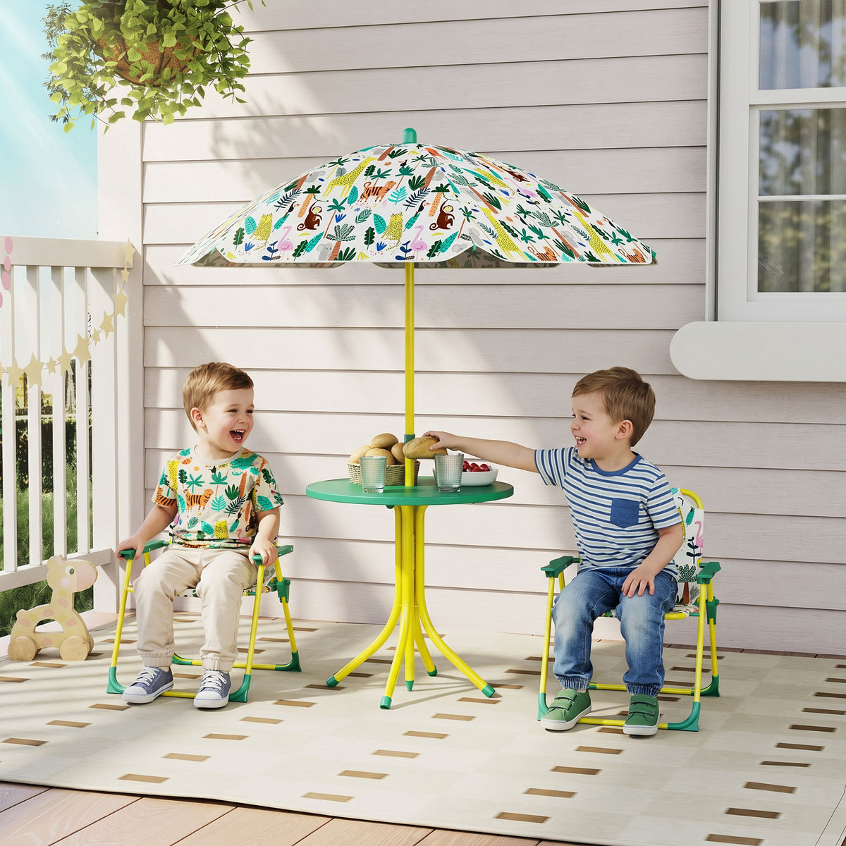 Children's Outdoor Patio Set with 2 Folding Chairs and Parasol, Jungle Theme, for Garden, Terrace, Green