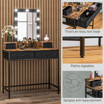 Coiffeuse table de maquillage miroir LED réglable intégré - pied en métal noir - 4 tiroirs en tissu - Aspect bois foncé