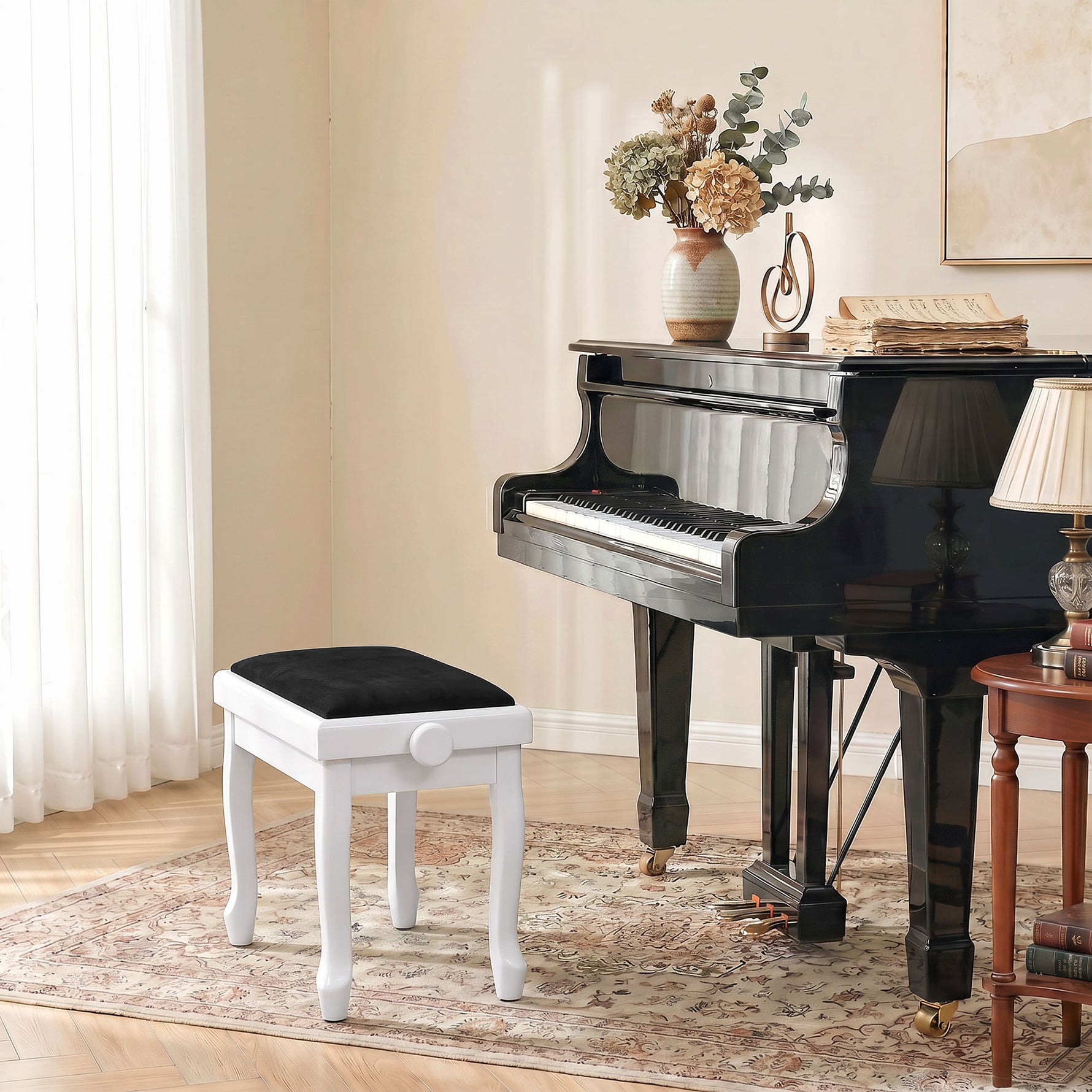 Banc de Piano, Tabouret Piano Réglable en Hauteur 45-56 cm, Banc de Clavier, Siège Rembourré en Velours, Blanc