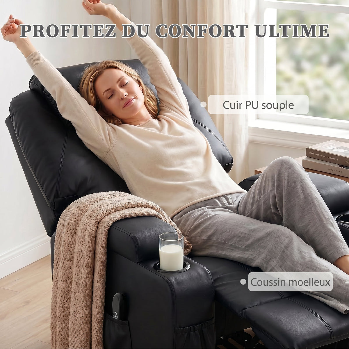 Fauteuil releveur électrique, fauteuil relax électrique, repose-pied, dossier inclinable, port USB, 83x95x107cm, noir