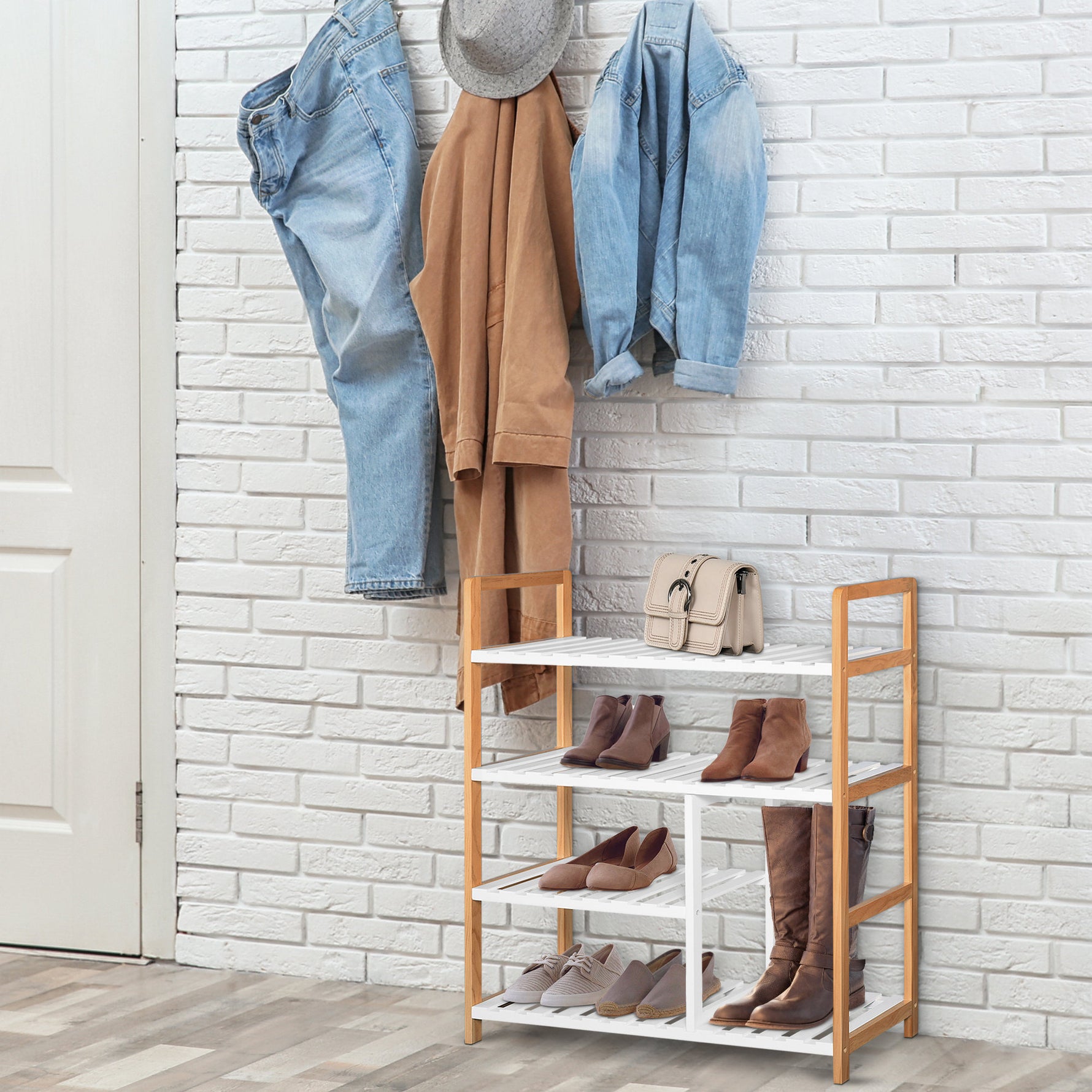 Etagère à Chaussures - étagère de Rangement - Meuble Chaussures 4 Niveaux Bois de pin étagères à Lattes MDF Blanc