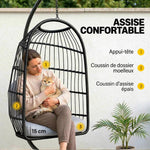 Fauteuil Œuf Suspendu Pliable avec Support Coussin 15cm et Appui-tête Gain de Place Résine Tressée 101x105x196cm Gris
