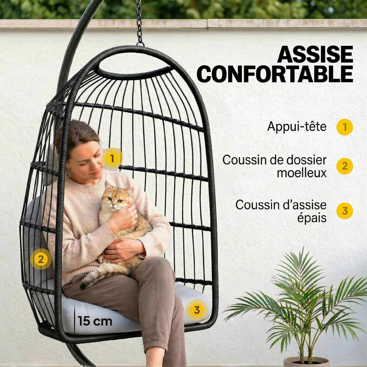 Fauteuil Œuf Suspendu Pliable avec Support Coussin 15cm et Appui-tête Gain de Place Résine Tressée 101x105x196cm Gris
