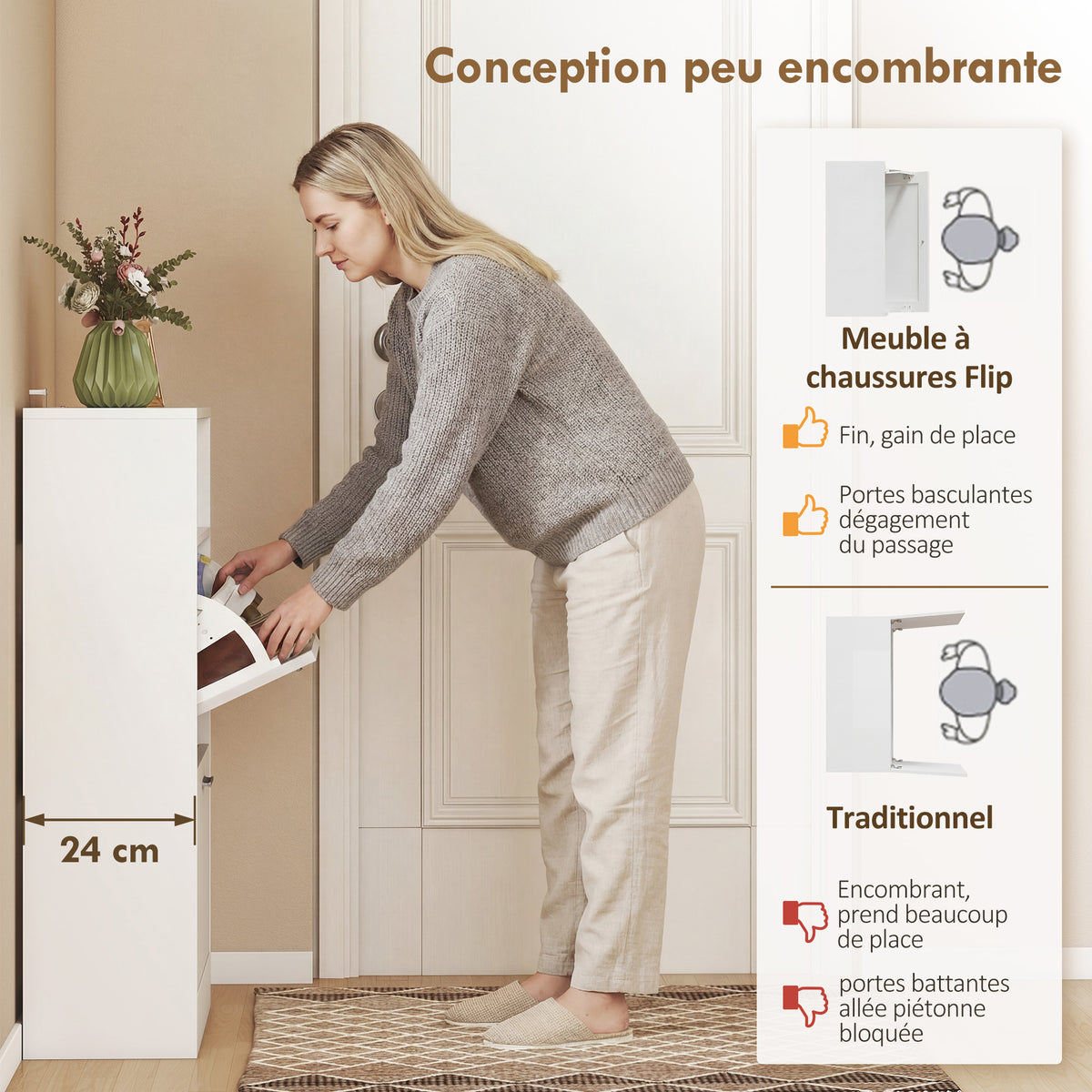 Meuble à chaussures 8 paires, armoire à chaussures, 2 tiroirs rabattables, étagères réglables et compartiment, blanc