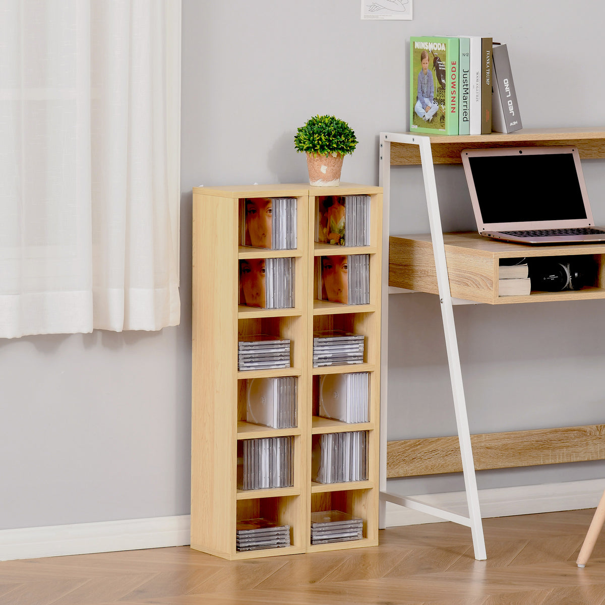 Lot de 2 étagères colonnes Armoire de Rangement CD-DVD 6 + 6 Compartiments dim. 21L x 19l x 88H cm capacité Max. 160 CD Naturel