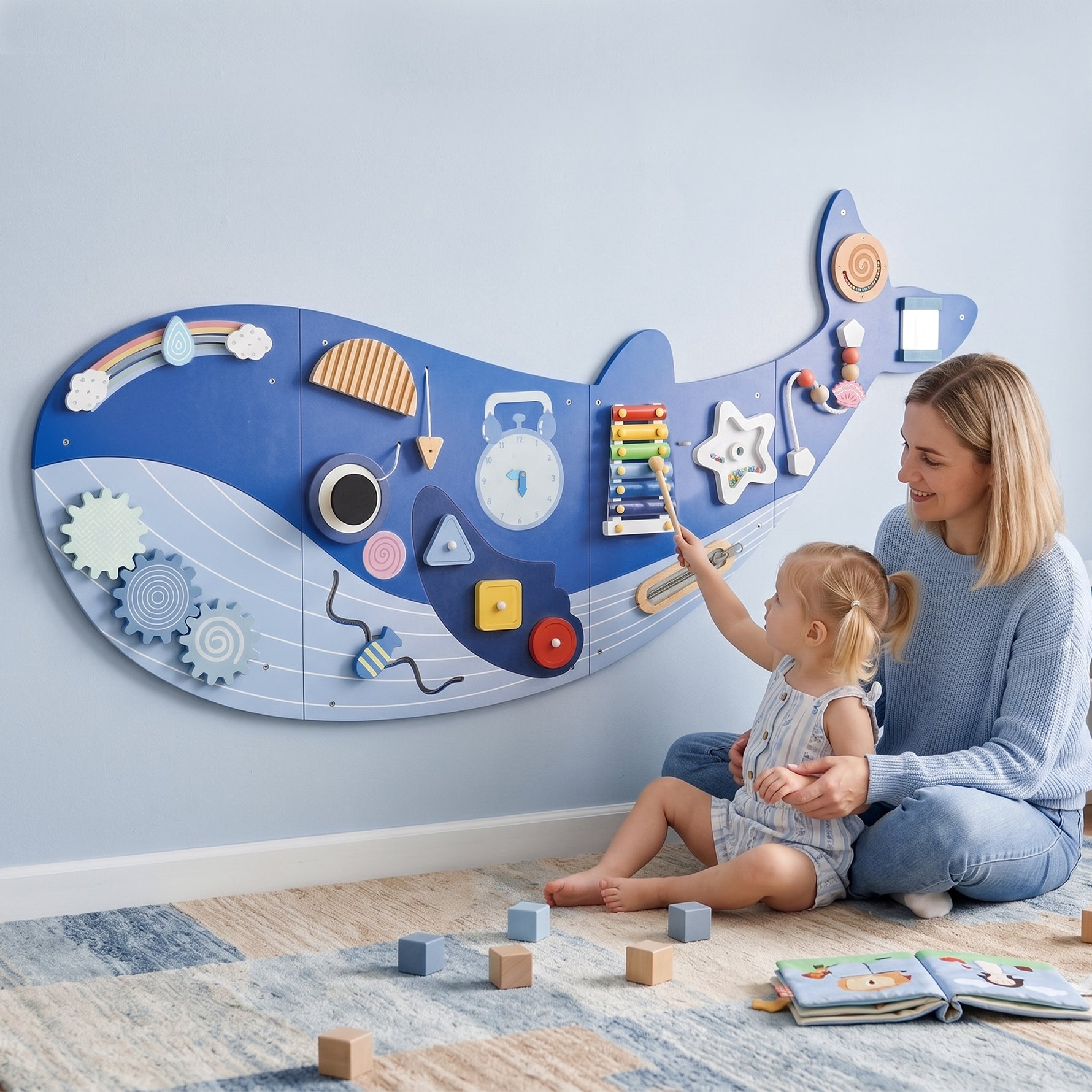 Busy Board Jouet, Tableau d'Activités Murale Baleine, Planche Motricité Bébé Educatif pour Garcon Fille dès 2 Ans, Bleu