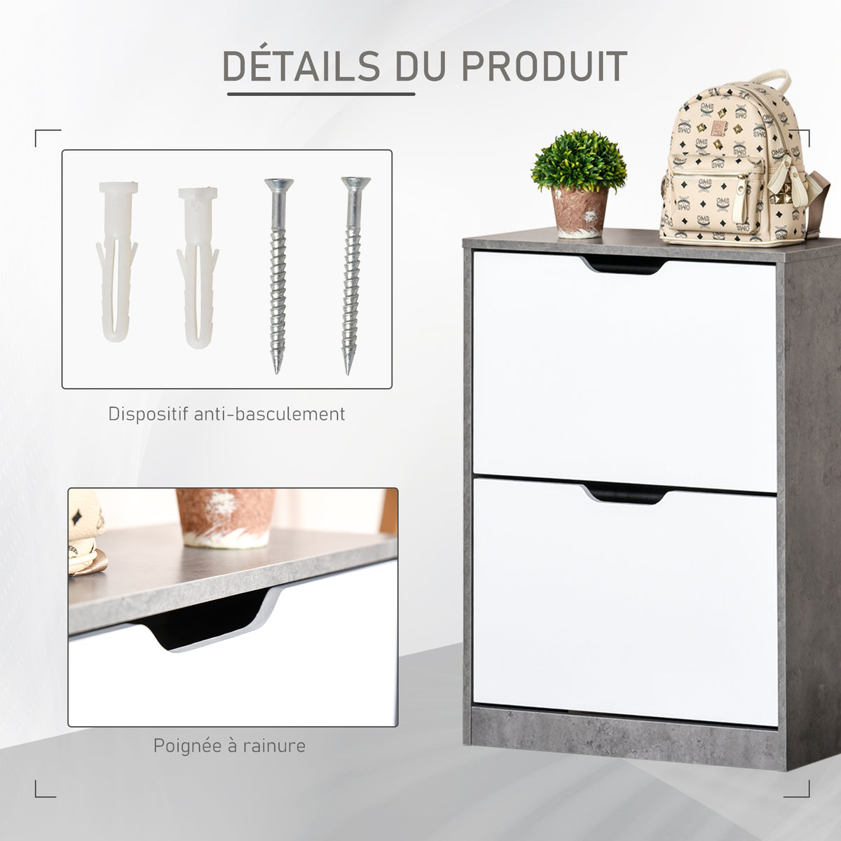Zapatero mueble de entrada armario de almacenaje, 2 puertas abatibles, 62,5 x 26 x 81 cm, gris y blanco