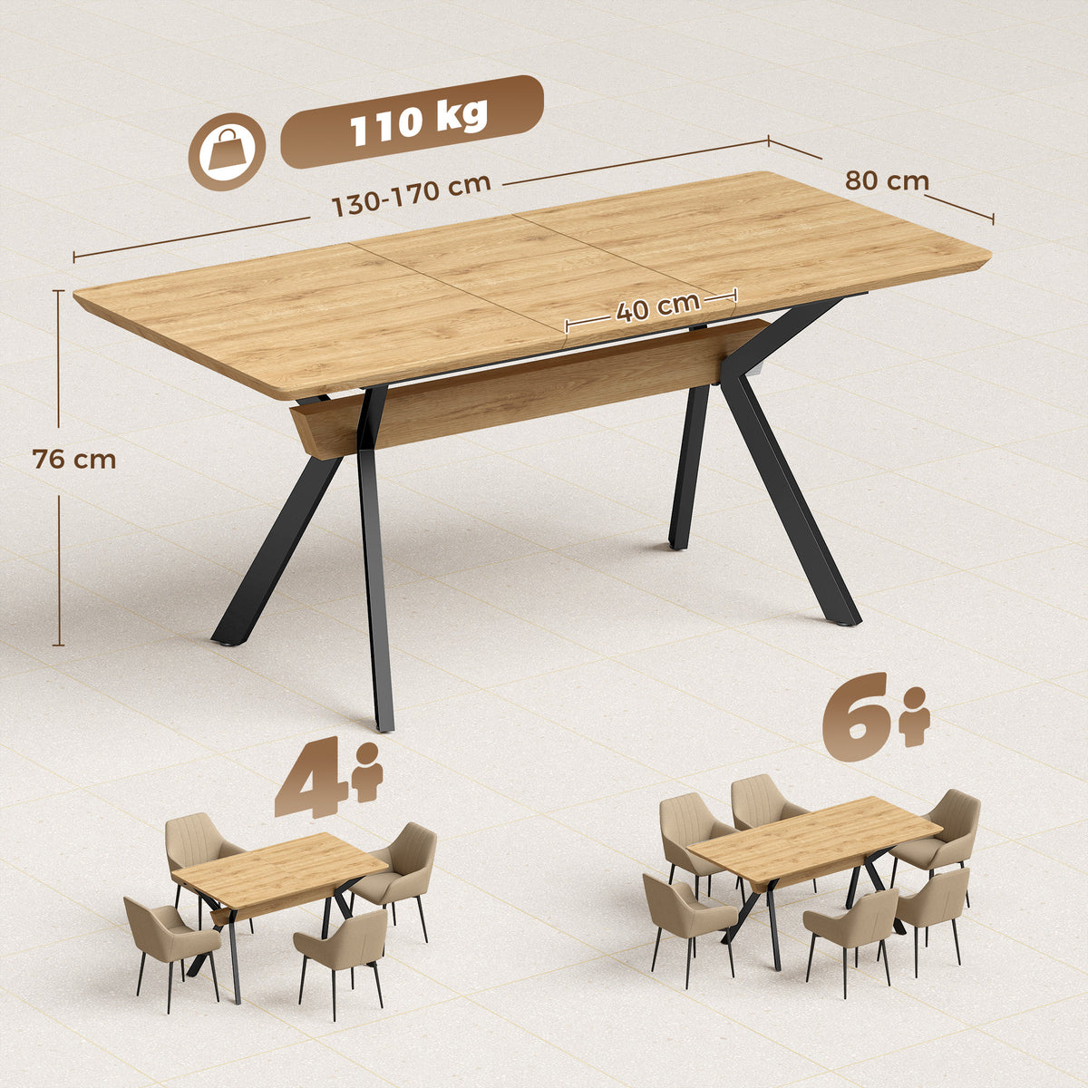 Mesa de comedor extensible para 4 a 6 personas, 130-170 cm, mesa de cocina rectangular, bordes redondeados, roble