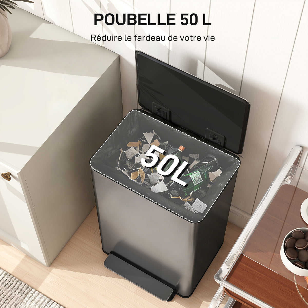 Poubelle cuisine 50L, poubelle à pédale, seau intérieur amovible, couvercle à fermeture douce, 41,7x36,6x62cm, argent