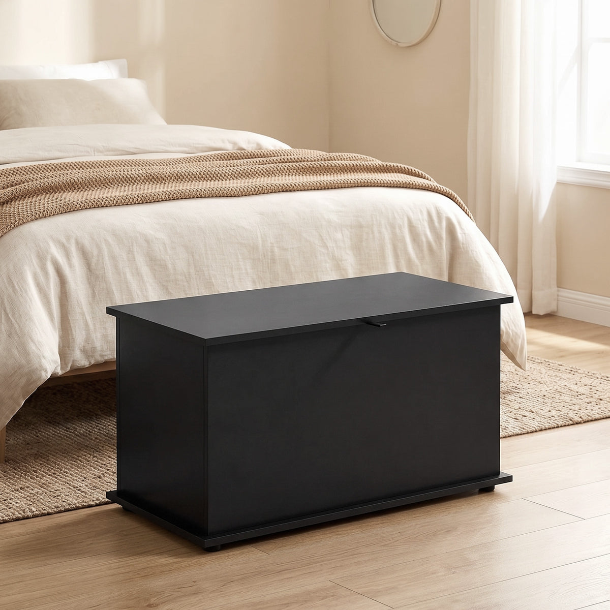 Coffre de Rangement, Banc de Rangement avec Couvercle Rabattable et Charnières de Sécurité, 80 x 40 x 45 cm, Noir