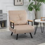 Fauteuil convertible 3 en 1 lit 1 place dossier 5 positions, accoudoirs en bois et coussin, tissu effet velours, beige
