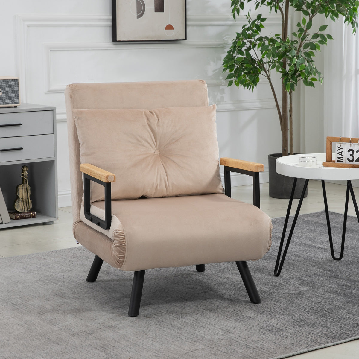 Fauteuil convertible 3 en 1 lit 1 place dossier 5 positions, accoudoirs en bois et coussin, tissu effet velours, beige