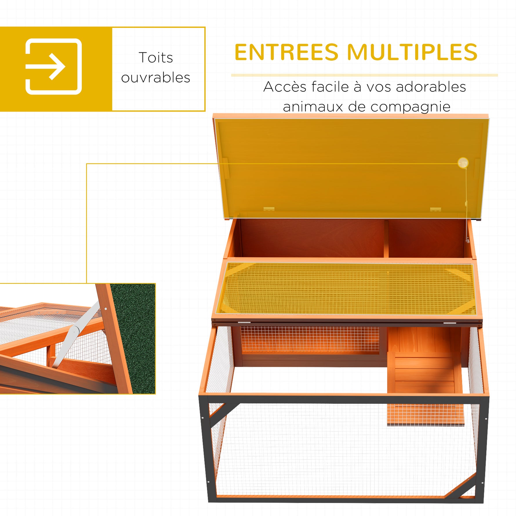 Clapier d'extérieur, cage lapin avec enclos, toit en asphalte, cadre en bois, 125,5 x 100 x 49 cm, orange