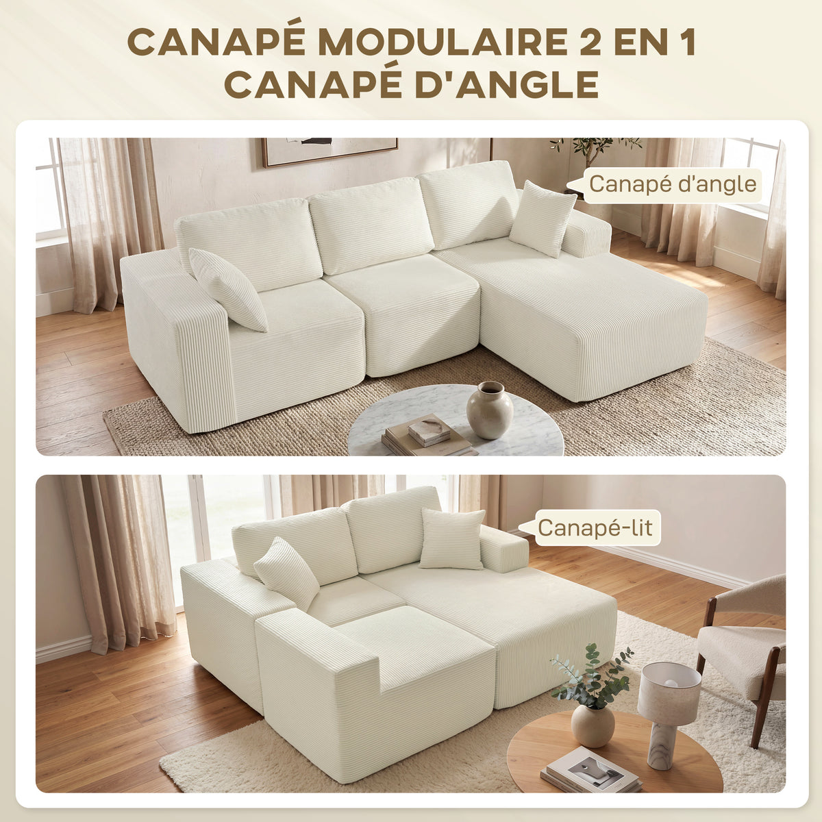 Canapé d'angle modulable 2 en 1, 267cm, canapé-lit 3 places en velours côtelé, larges assise et accoudoirs, crème