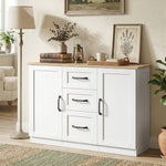 Buffet salon, meuble de rangement avec 2 portes à fermeture douce et 3 tiroirs, 110x35x80,4cm, blanc et bois naturel