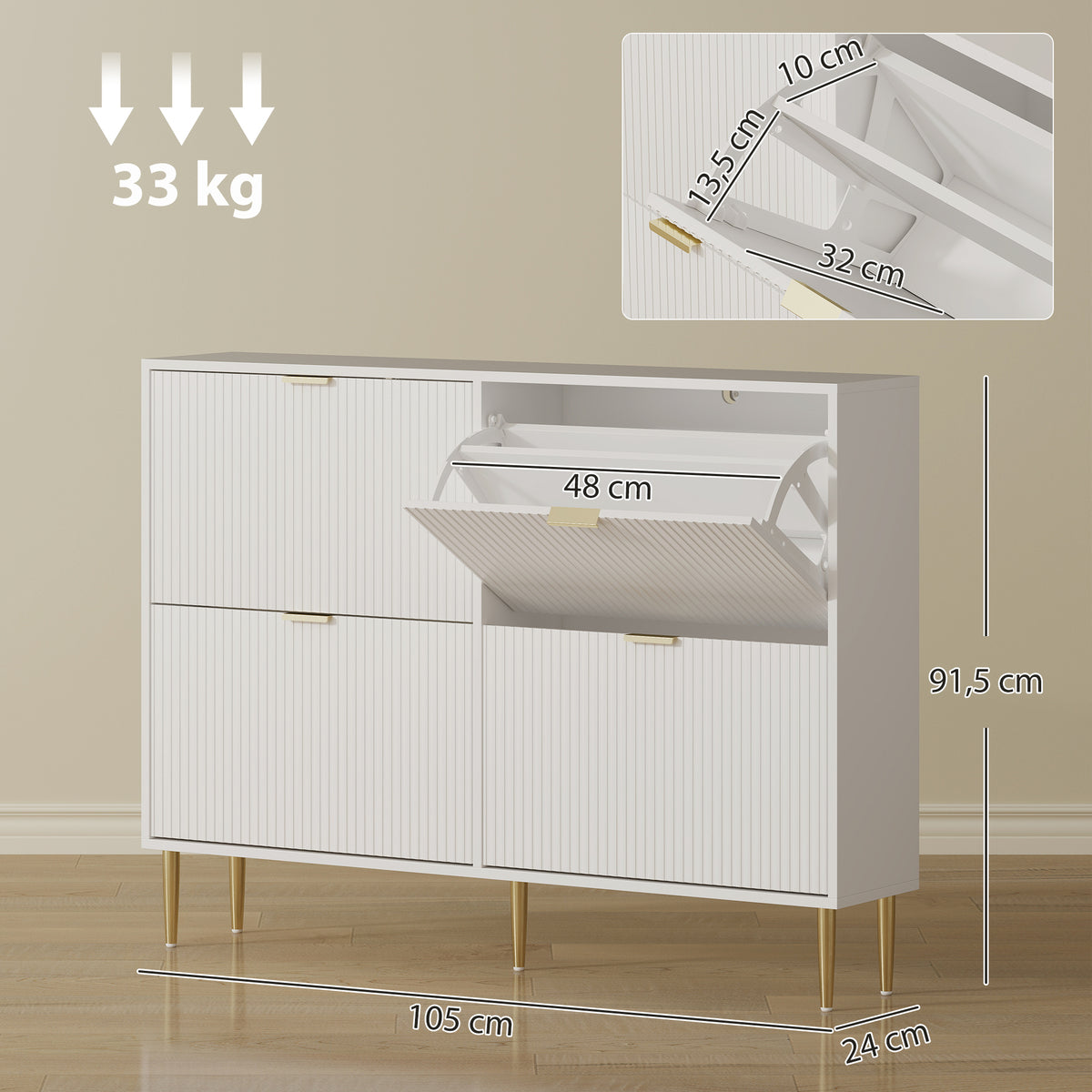 Meuble à chaussures 20 paires avec 4 tiroirs rabattables, portes cannelées et étagères réglables, 105x24x91,5cm, blanc