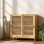 Meuble à chaussures en bambou 16 paires, armoire à chaussures, 2 portes coulissantes, étagères réglables, bois naturel