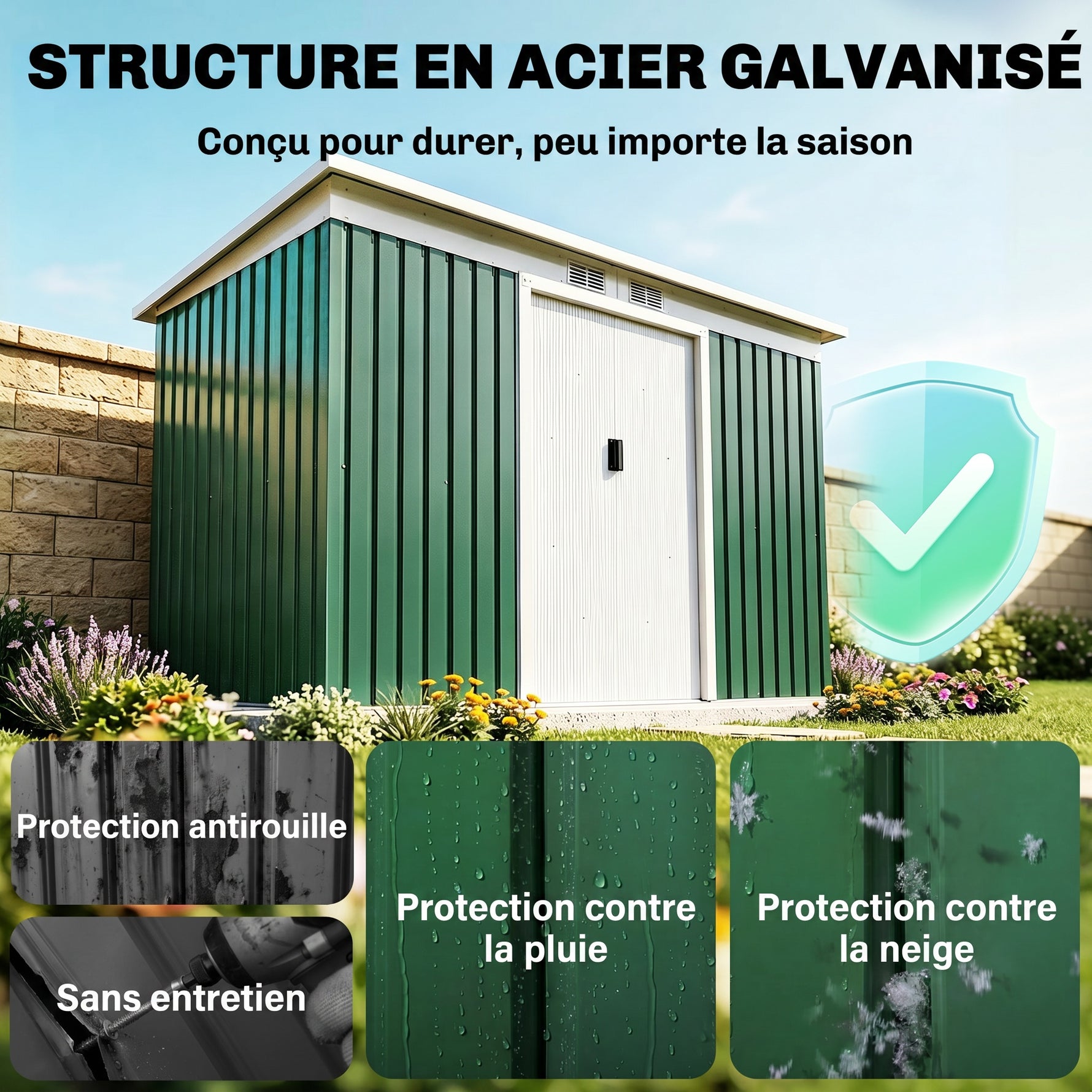 Abri de jardin 3,6 m² 280 x 130 x 172 cm kit de fondation porte coulissante ventilations acier galvanisé vert foncé