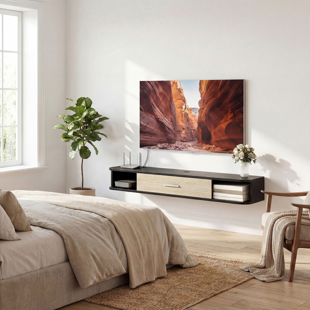 Meuble TV Suspendu 120 cm, Meuble télé jusqu'à 50 Pouces, Porte Rabattable, 2 Étagères Ouvertes et Passe-câbles, Noir