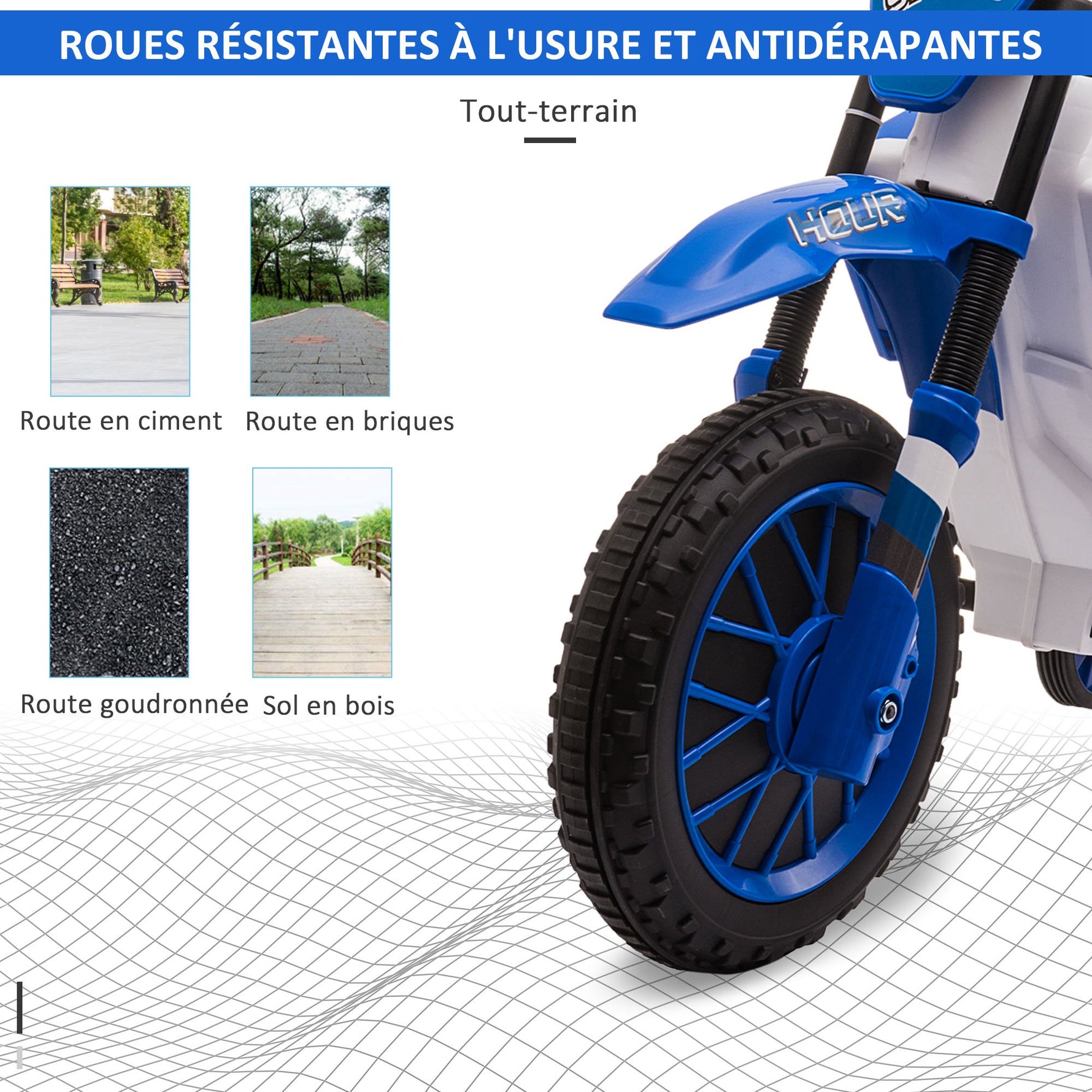 Moto Cross électrique Enfant 3 à 5 Ans 12 V 3-8 Km/h avec roulettes latérales Amovibles dim. 106,5L x 51,5l x 68H cm Bleu