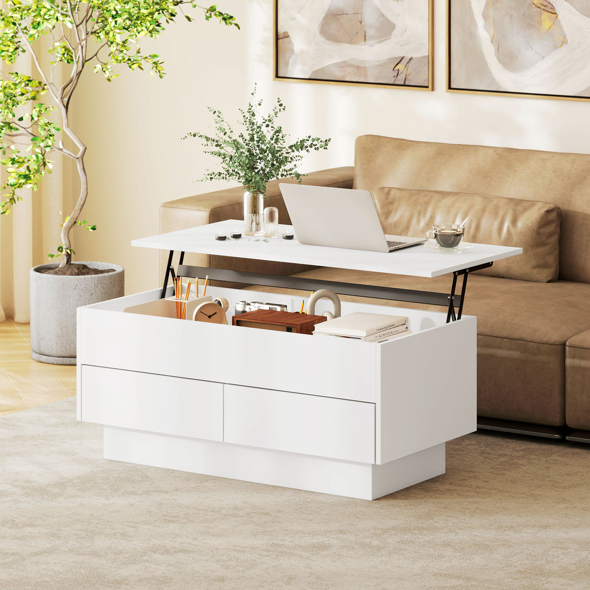Table basse relevable, table de salon avec compartiment caché et 2 tiroirs, 100 x 50 x 44 cm, blanc
