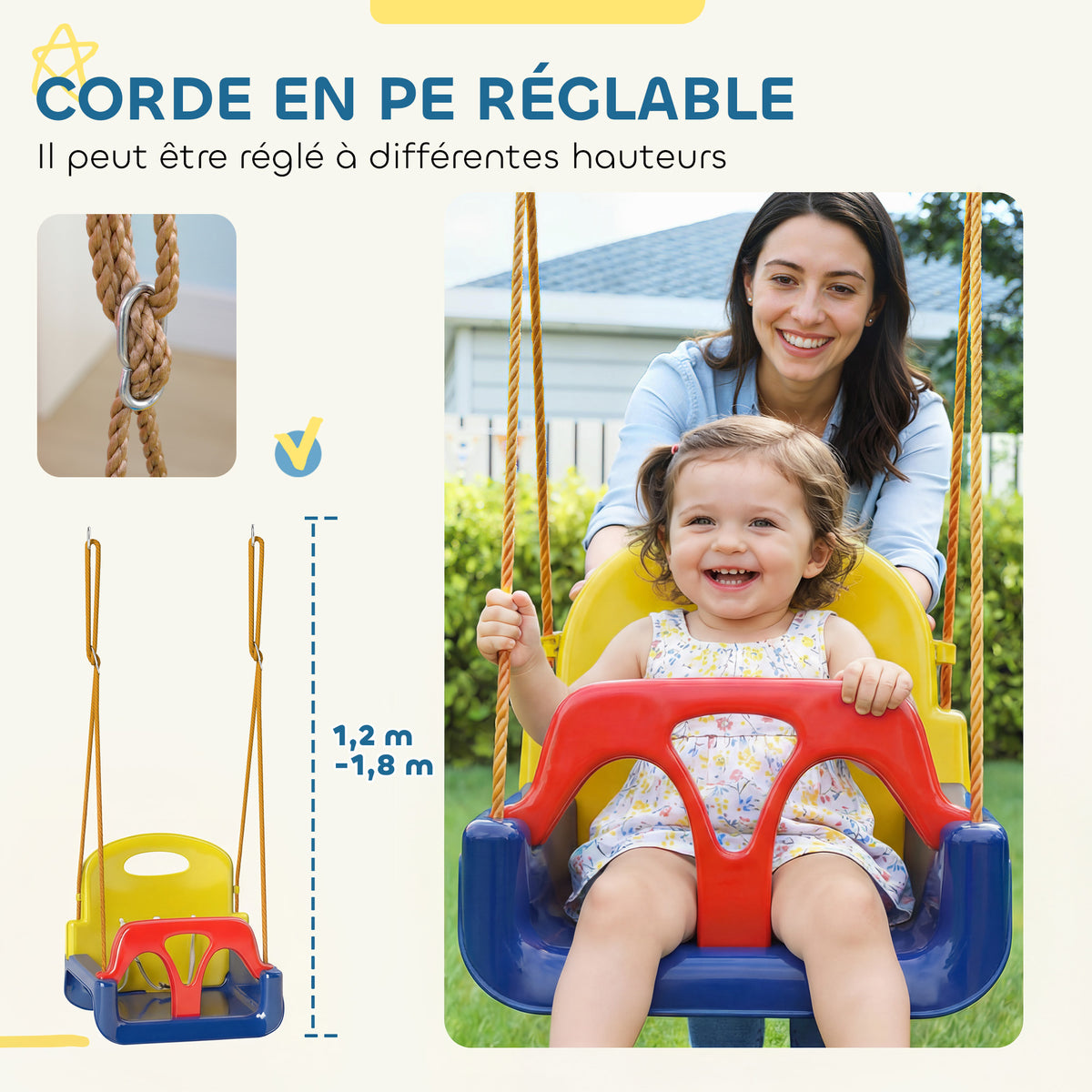Altalena 3 in 1 evolutiva per bambini con schienale e barra a T rimovibili, per interno ed esterno, altezza regolabile