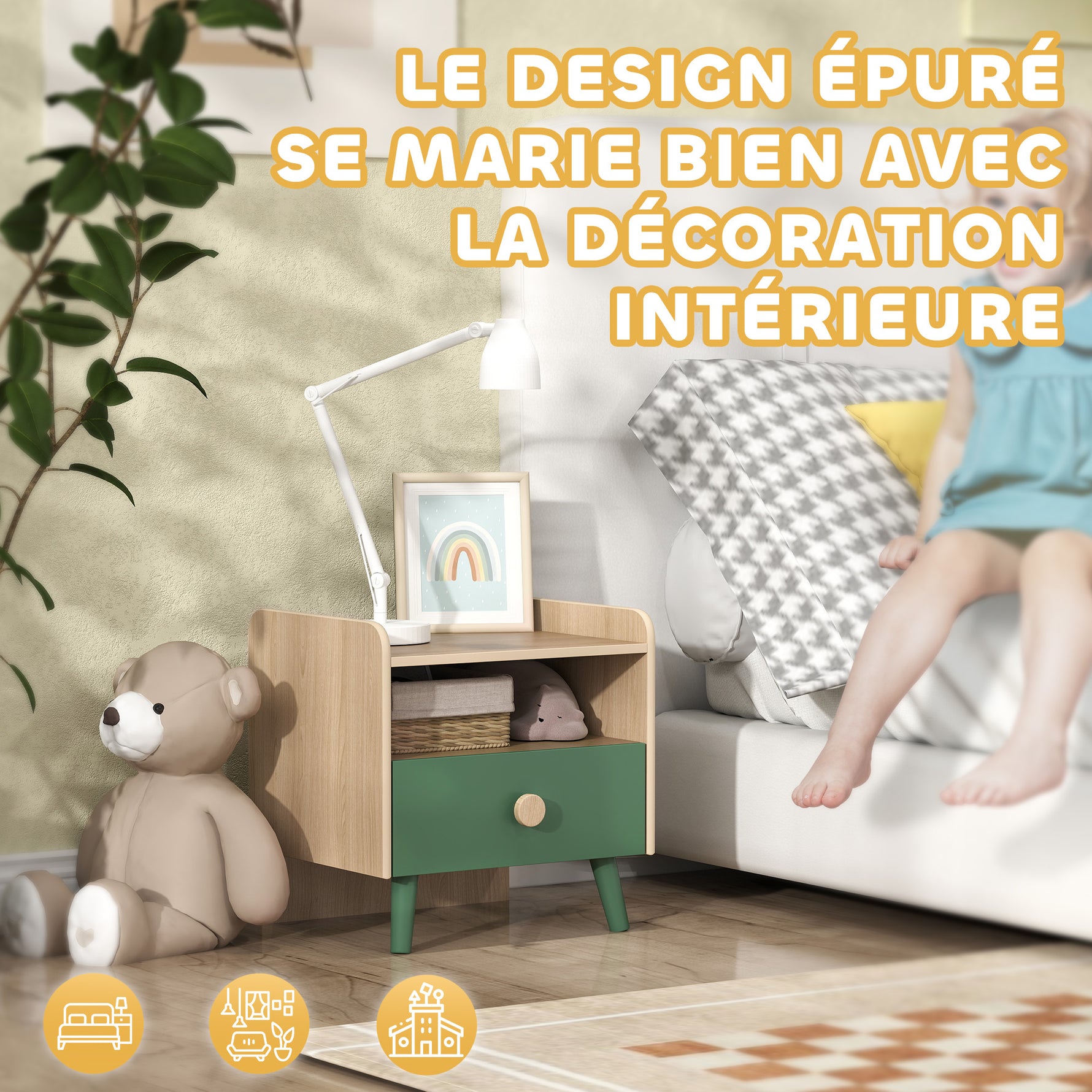 Table de chevet enfant table de nuit enfant avec tiroir et niche, petite table d'appoint en bois pour chambre d'enfant