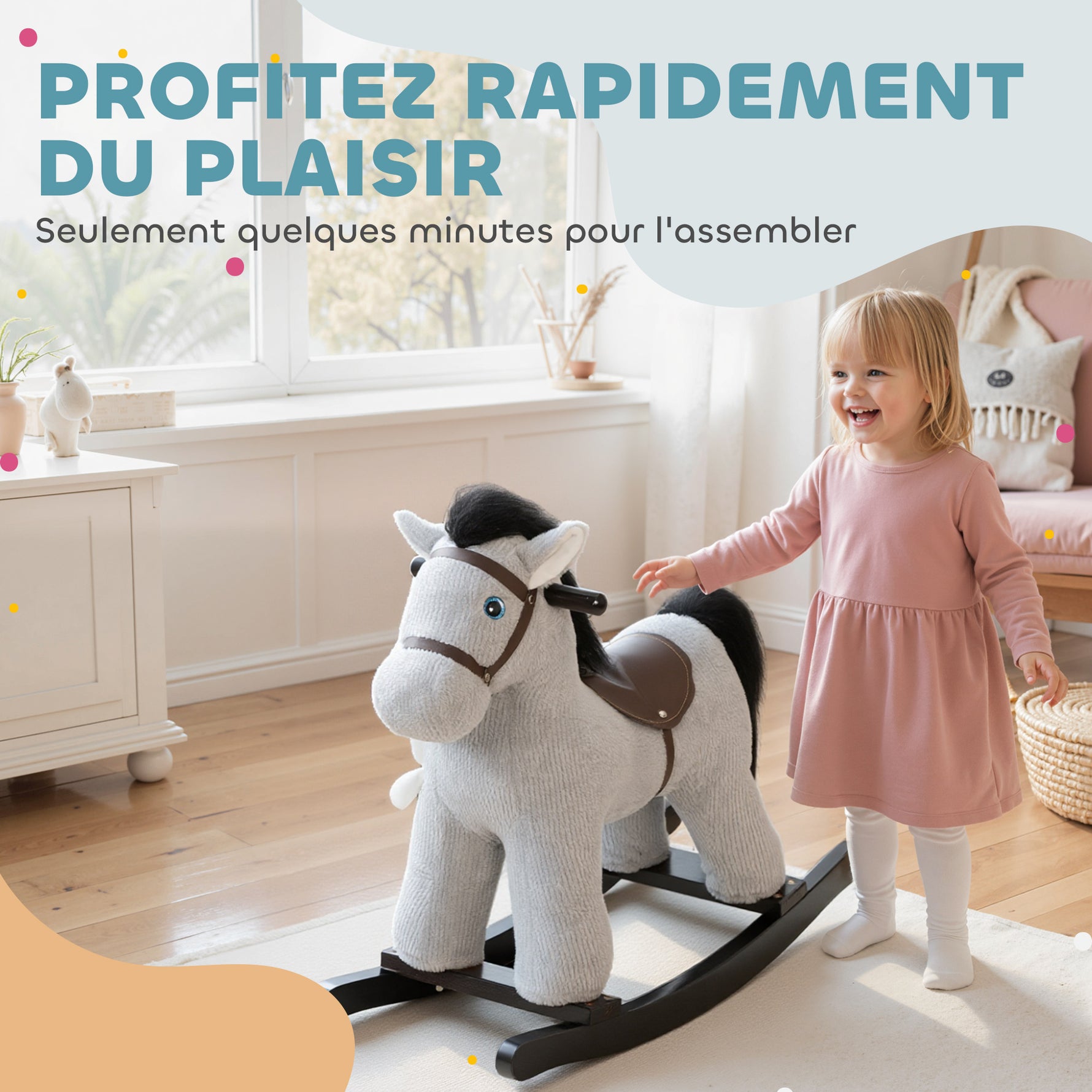 Cheval à bascule pour enfants, jouet à bascule bébé en peluche avec eouetffet sonore et poupée, 71 x 26 x 55 cm, gris