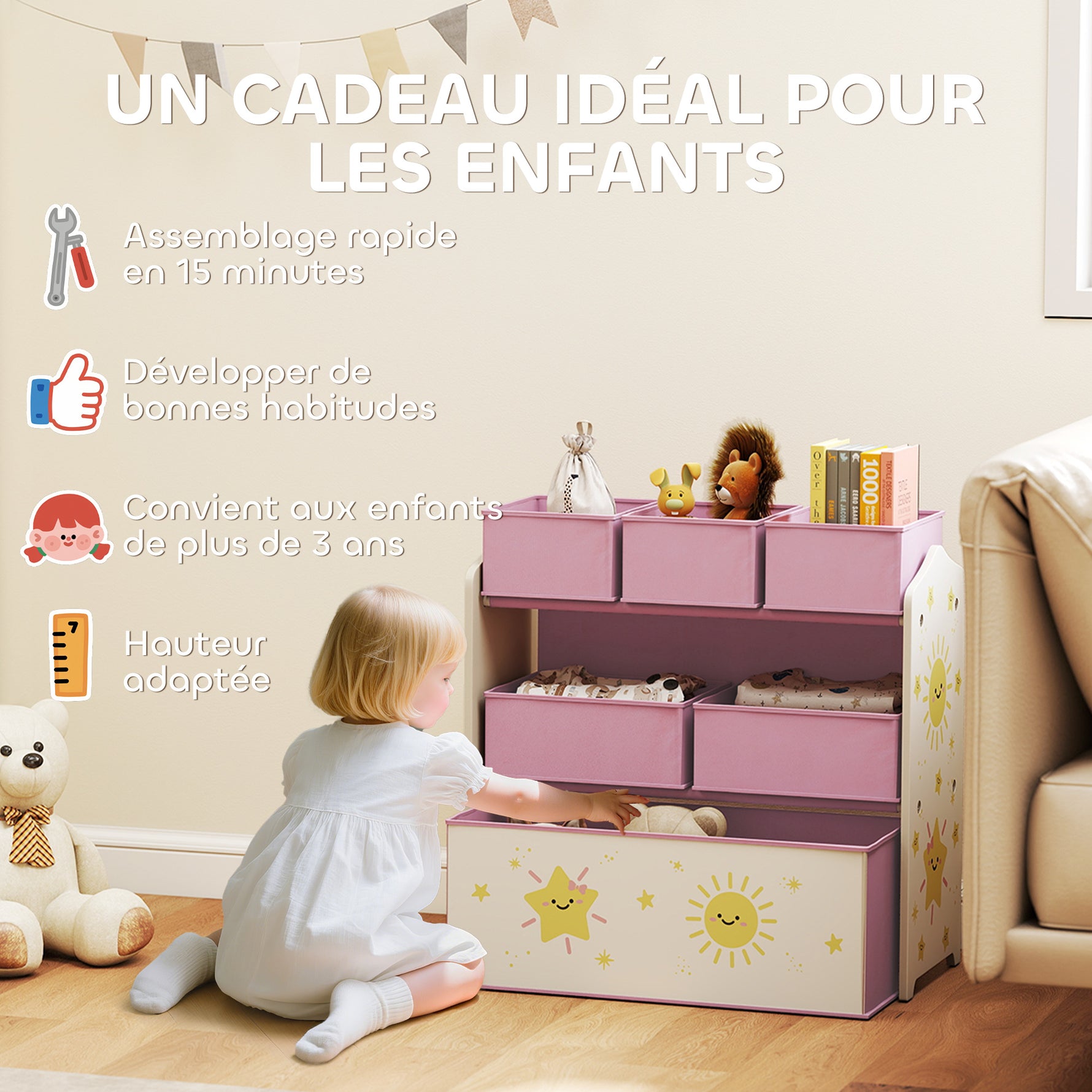 Meuble rangement enfant à 3 niveaux, étagère de rangement pour jouets enfants avec 6 boîtes en tissu amovibles, rose