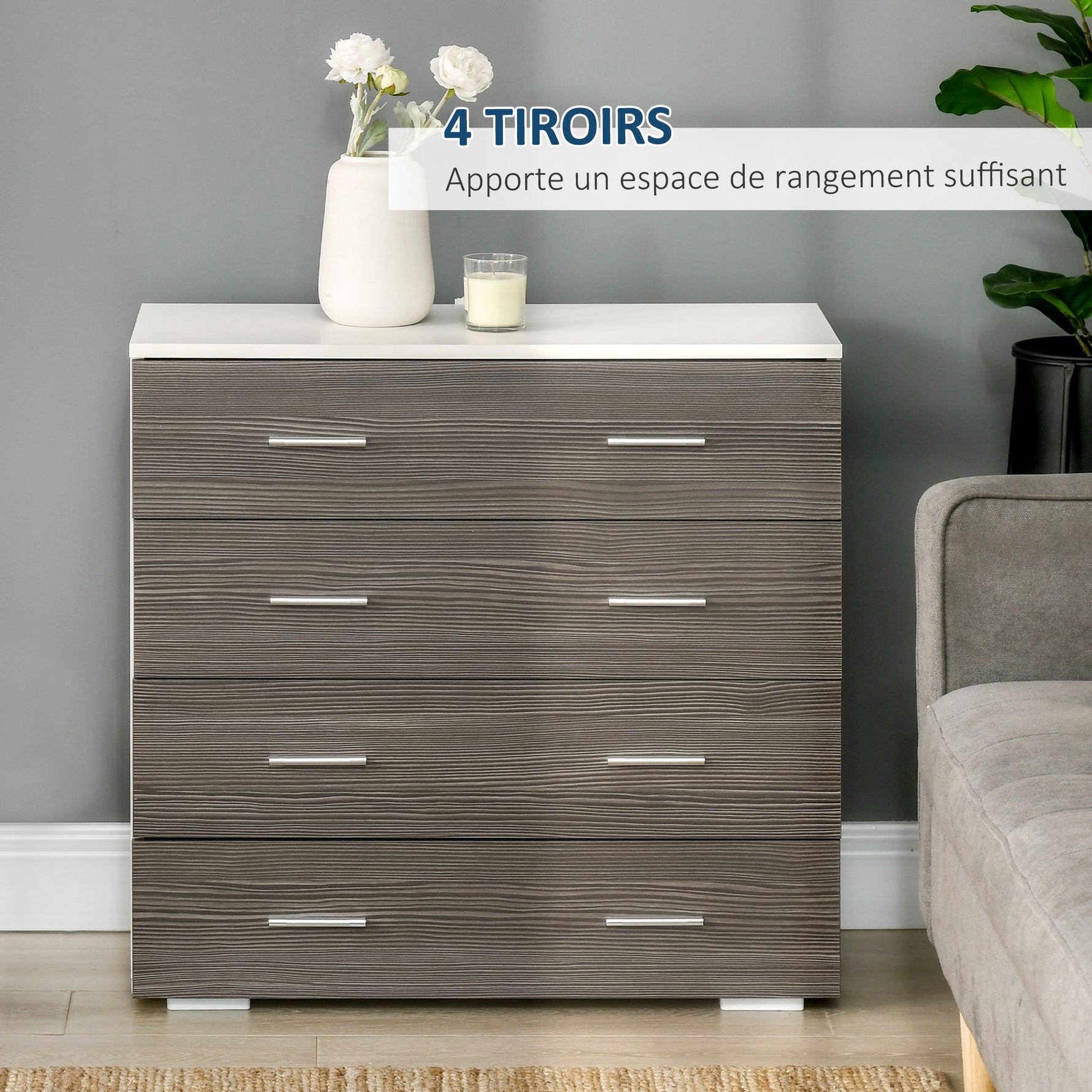 Commode meuble de rangement style contemporain 4 tiroirs 76 x 35 x 72 cm blanc et gris
