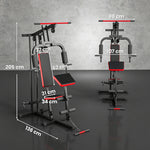 Station de Musculation Multifonction à Disques Libres, avec Banc Amovible, 136x107x205cm, Noir et Rouge